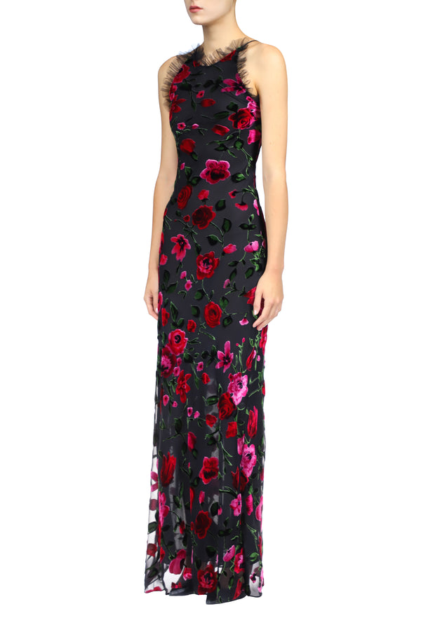 Rodarte Floral Velvet Devoré Halter Gown With Tulle Detail