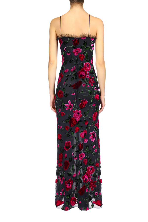 Rodarte Floral Velvet Devoré Halter Gown With Tulle Detail