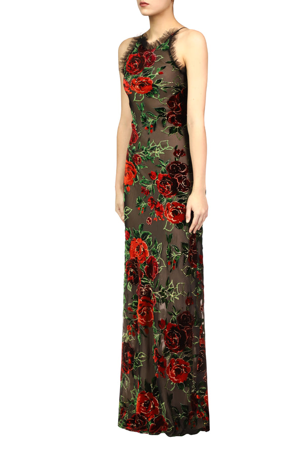Rodarte Floral Velvet Devoré Halter Gown With Tulle Detail