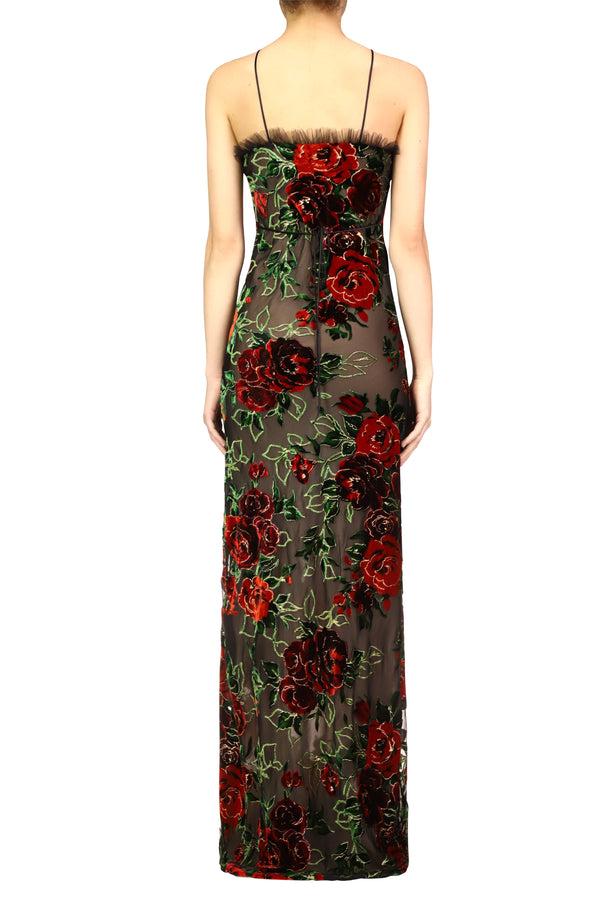 Rodarte Floral Velvet Devoré Halter Gown With Tulle Detail