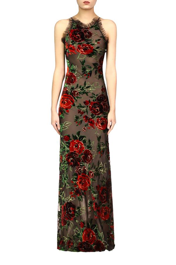 rodarte Floral Velvet Devoré Halter Gown With Tulle Detail