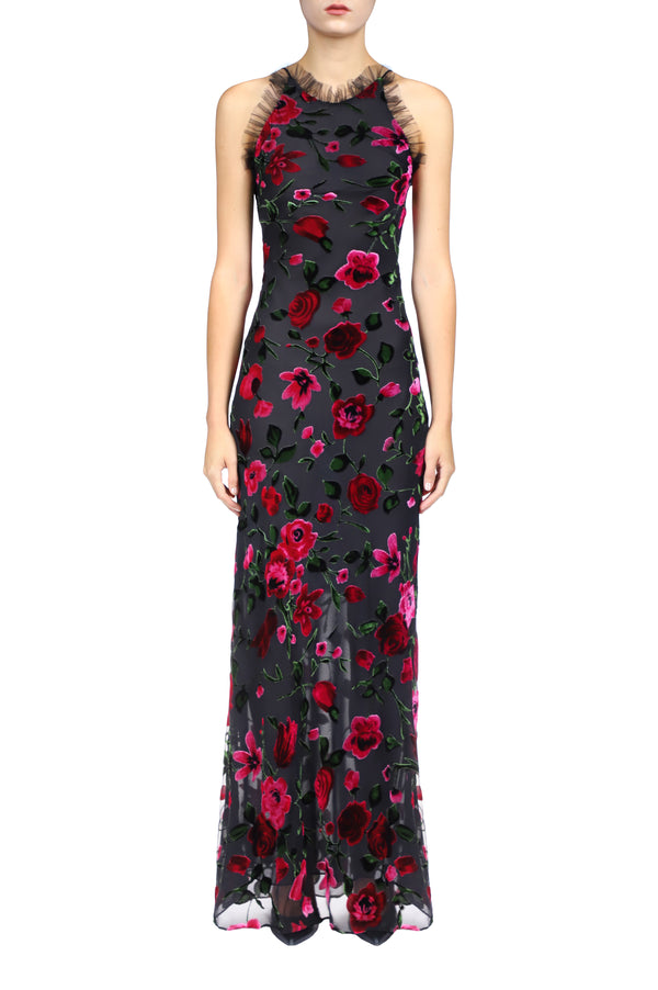 rodarte Floral Velvet Devoré Halter Gown With Tulle Detail