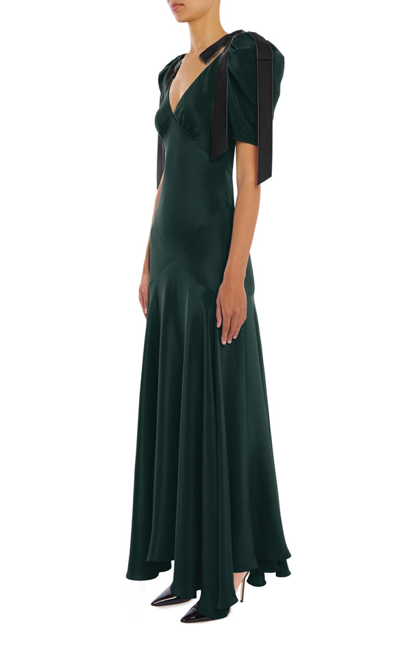Rodarte Green Silk Crepe Bias Dress With Black Velvet Bow Detail