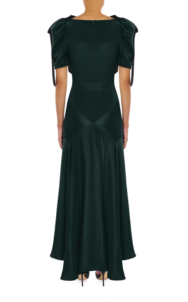 Rodarte Green Silk Crepe Bias Dress With Black Velvet Bow Detail