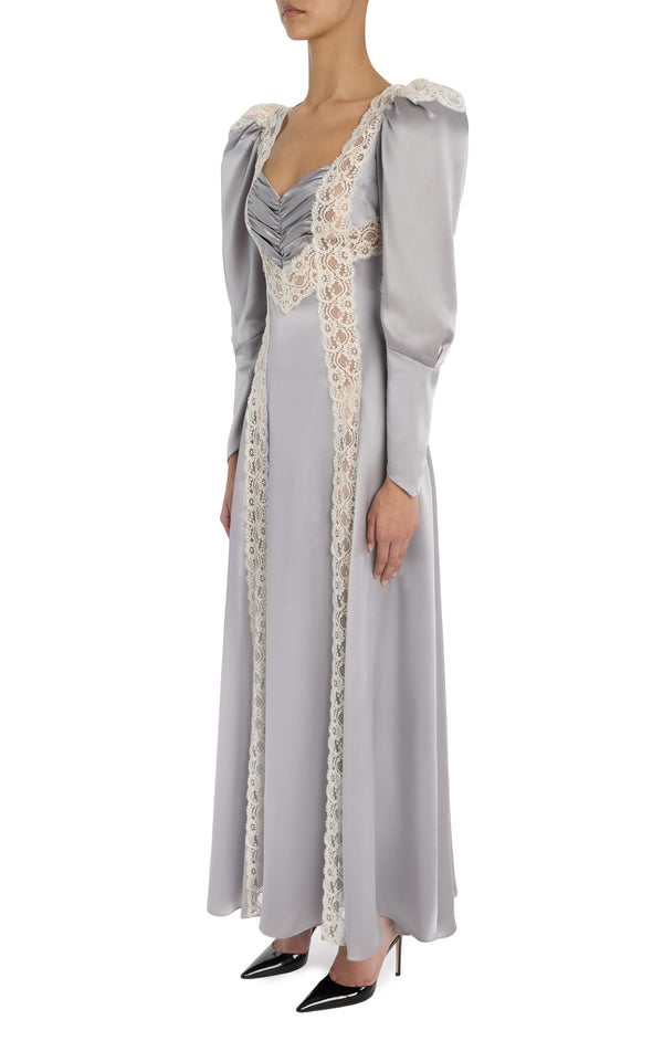 Rodarte Grey Silk Charmeuse Bias Gown With Lace Inlays