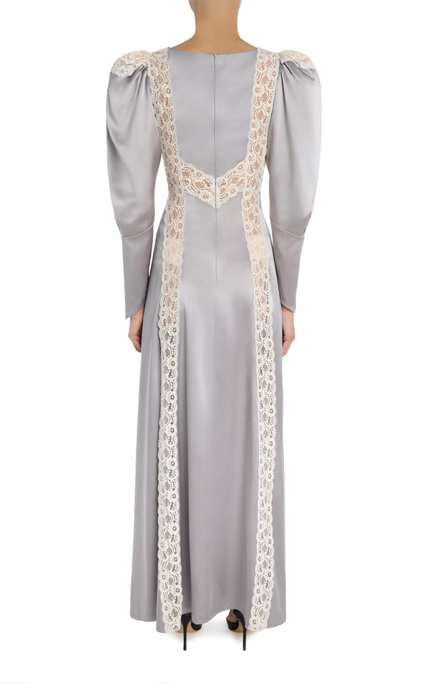 Rodarte Grey Silk Charmeuse Bias Gown With Lace Inlays