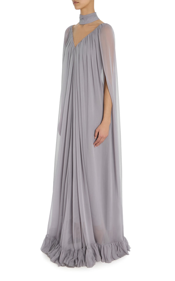 Rodarte Grey Silk Chiffon Cape Gown With Ruffle Detail