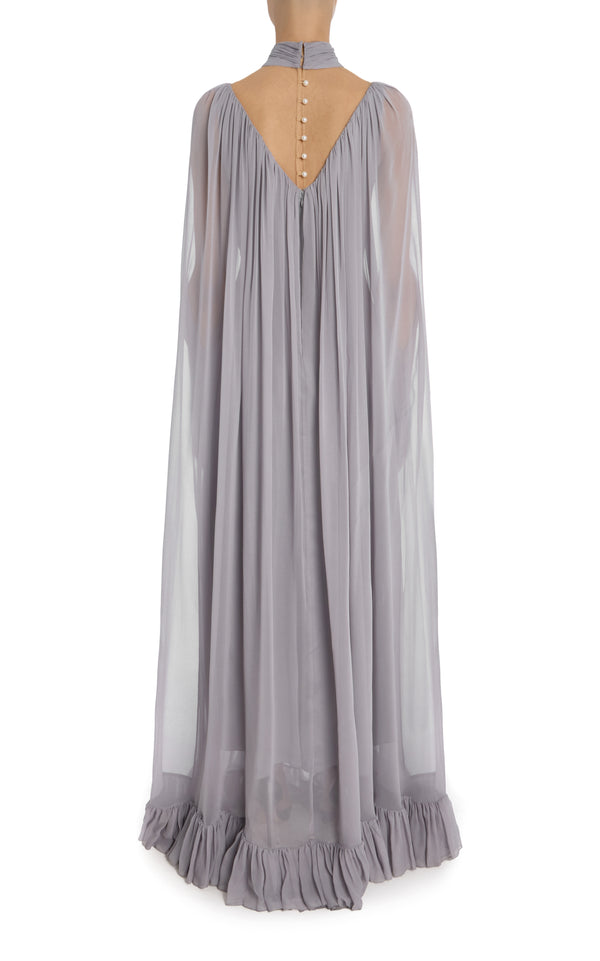Rodarte Grey Silk Chiffon Cape Gown With Ruffle Detail