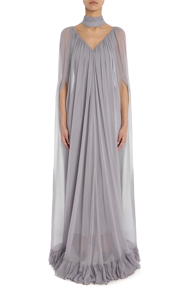 rodarte Grey Silk Chiffon Cape Gown with Ruffle Detail