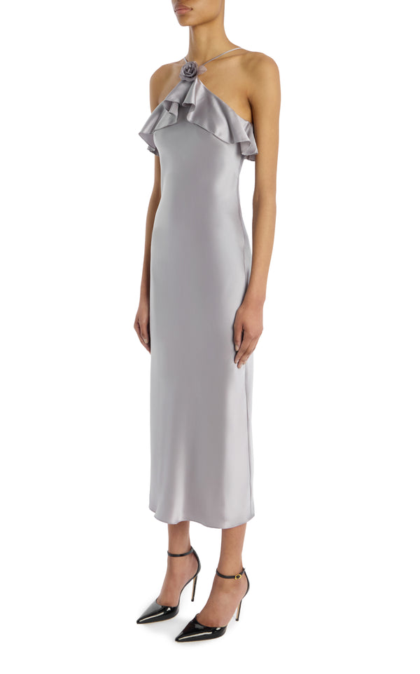 Rodarte Grey Silk Satin Halter Dress With Ruffle Detail