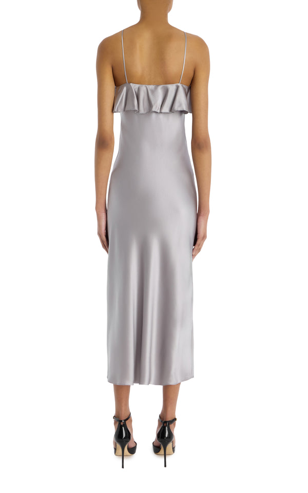 Rodarte Grey Silk Satin Halter Dress With Ruffle Detail