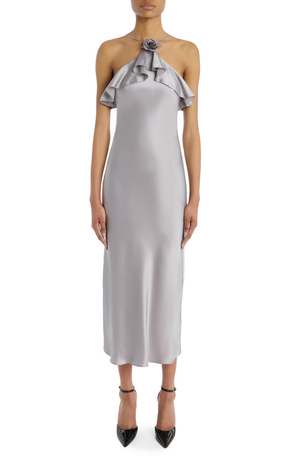 rodarte Grey Silk Satin Halter Dress with Ruffle Detail