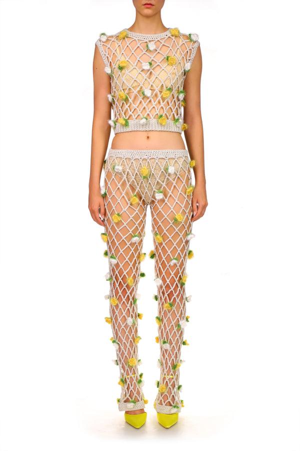 rodarte Hand Cochet Top With White And Yellow Flowers