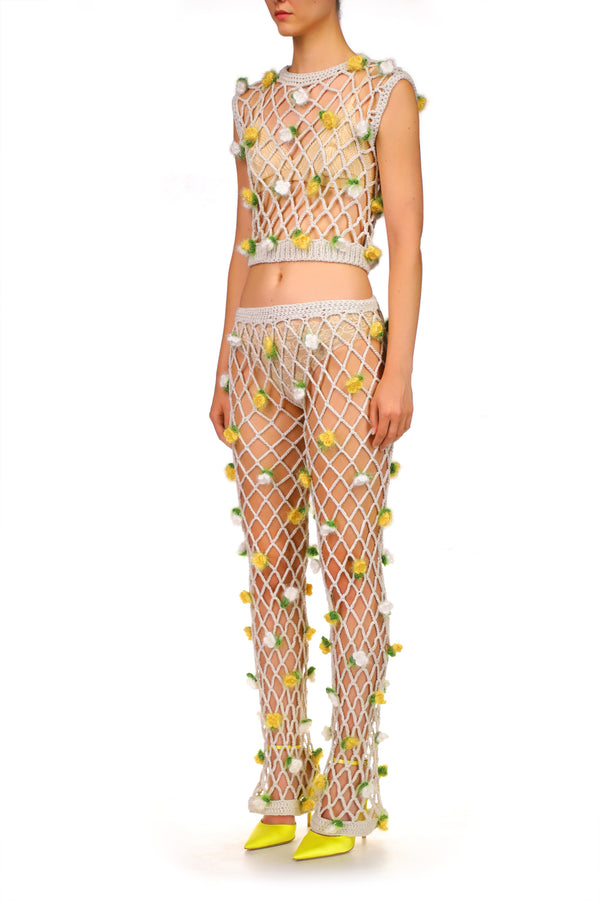 Rodarte Hand Crochet Pants With White And Yellow Flowers
