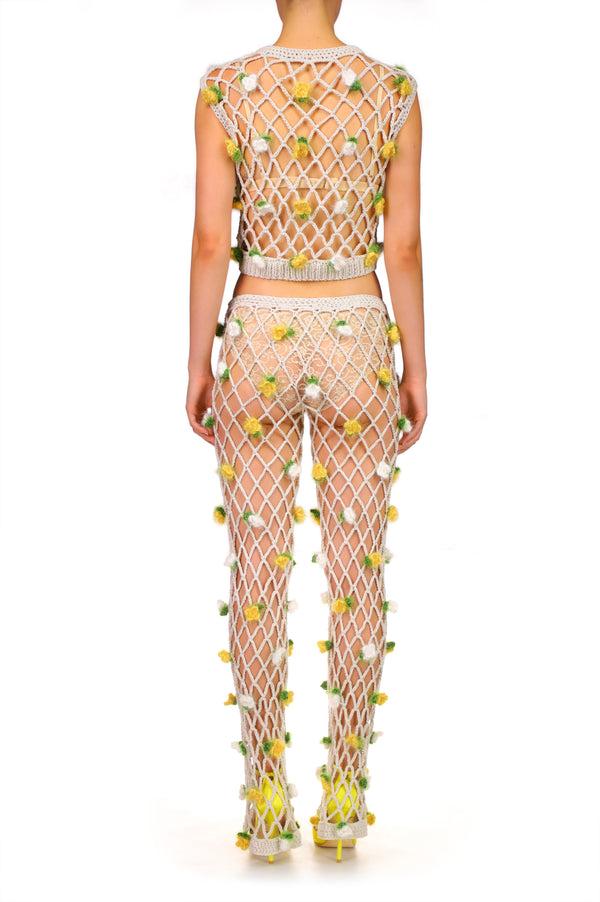 Rodarte Hand Crochet Pants With White And Yellow Flowers