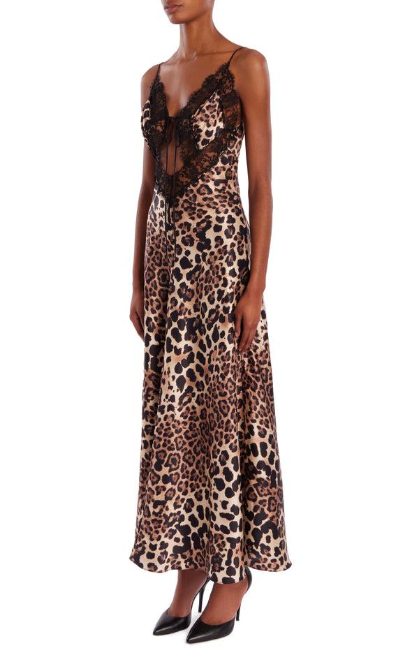 Rodarte Leopard Printed Silk Bias Dress With Black Lace