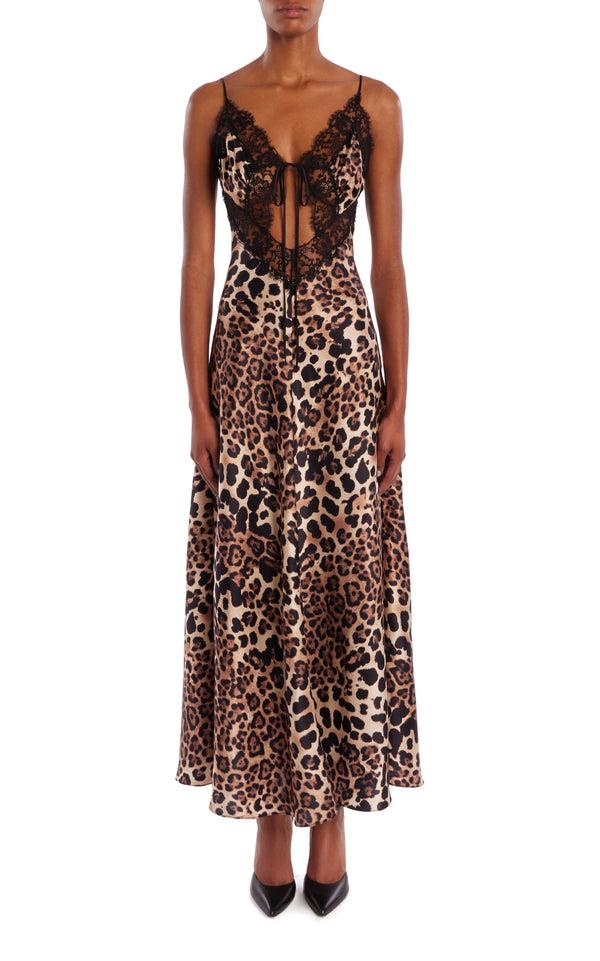 rodarte Leopard Printed Silk Bias Dress With Black Lace