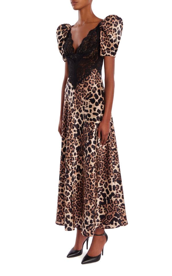 Rodarte Leopard Printed Silk Satin Bias Dress With Black Lace Bodice Detail