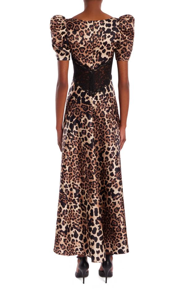Rodarte Leopard Printed Silk Satin Bias Dress With Black Lace Bodice Detail
