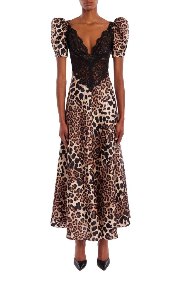 rodarte Leopard Printed Silk Satin Bias Dress With Black Lace Bodice Detail