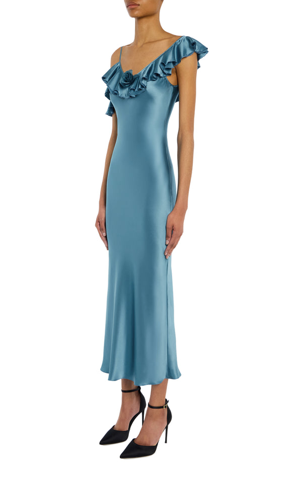 Rodarte Light Blue Silk Satin Dress With Ruffle Detail