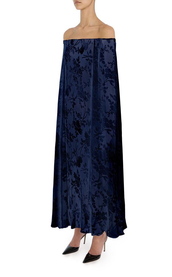 Rodarte Navy Floral Velvet Devoré Off The Shoulder Cape Dress