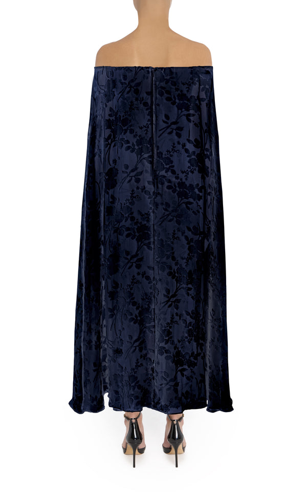 Rodarte Navy Floral Velvet Devoré Off The Shoulder Cape Dress