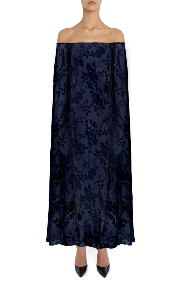 rodarte Navy Floral Velvet Devoré Off the Shoulder Cape Dress