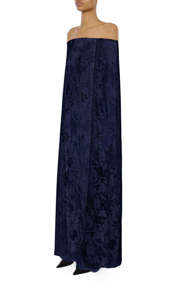 Rodarte Navy Floral Velvet Devoré Off The Shoulder Cape Gown