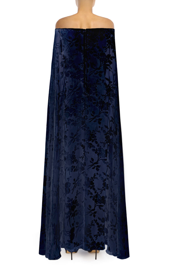 Rodarte Navy Floral Velvet Devoré Off The Shoulder Cape Gown