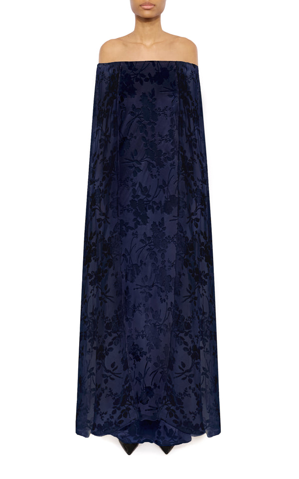 rodarte Navy Floral Velvet Devoré Off the Shoulder Cape Gown