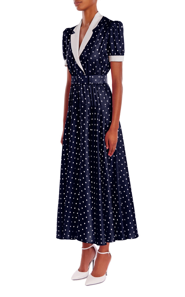 Rodarte Navy Polka Dot Silk Silk Twill Collared Dress With Belt