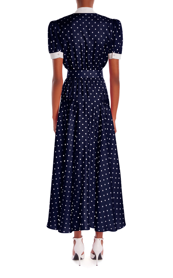 Rodarte Navy Polka Dot Silk Silk Twill Collared Dress With Belt