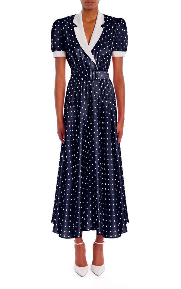 rodarte Navy Polka Dot Silk Silk Twill Collared Dress With Belt