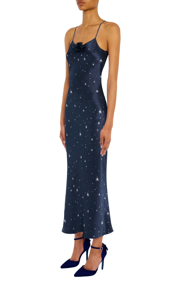 Rodarte Navy Star Print Bias Silk Slip With Silk Rosette