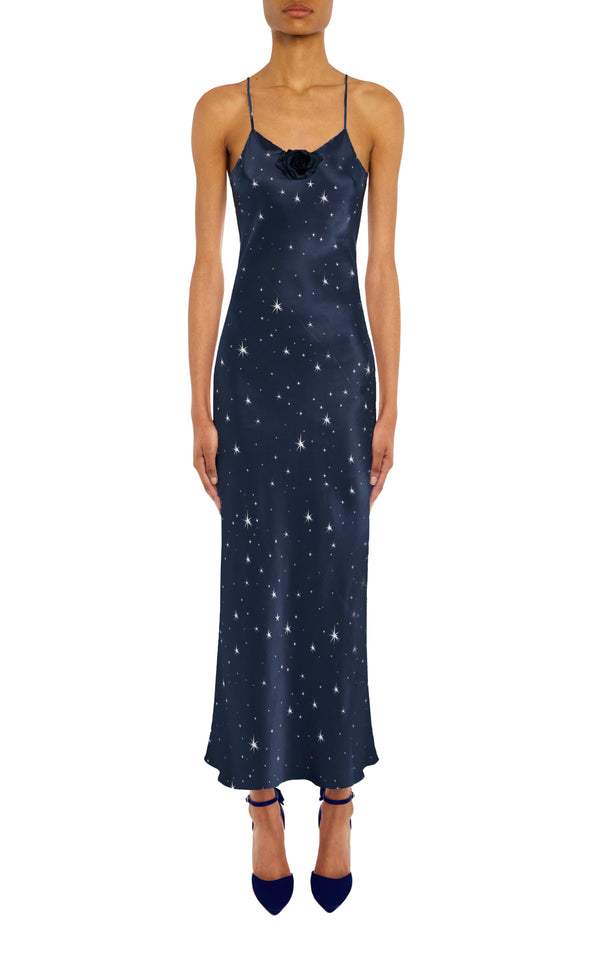 Rodarte Navy Star Print Bias Silk Slip With Silk Rosette