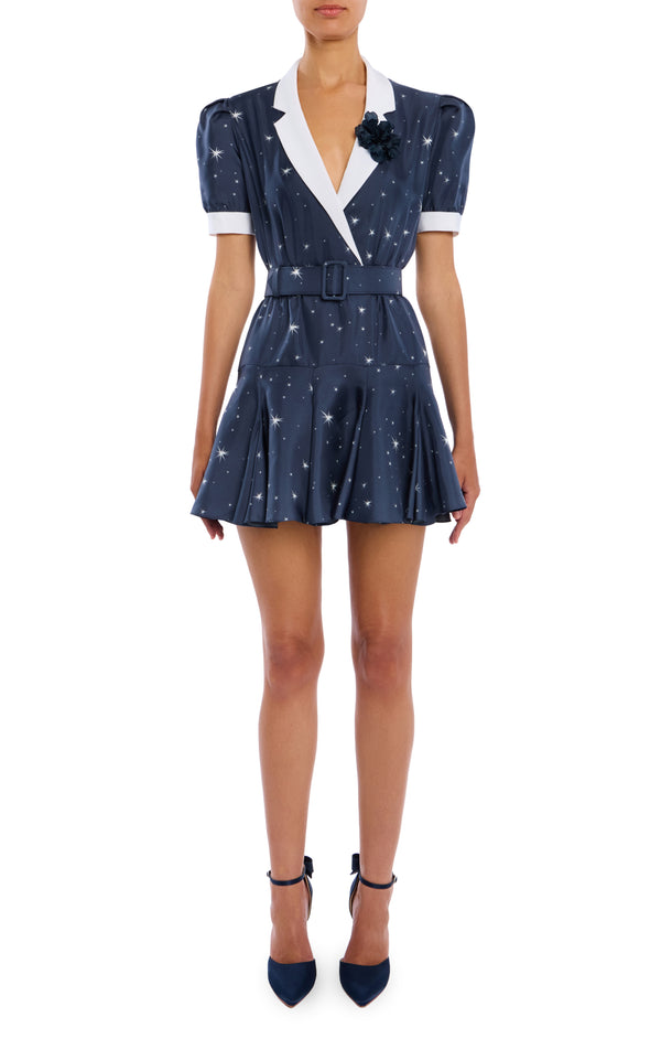rodarte Navy Star Print Silk Twill Collared Mini Dress With Belt Detail and Flower