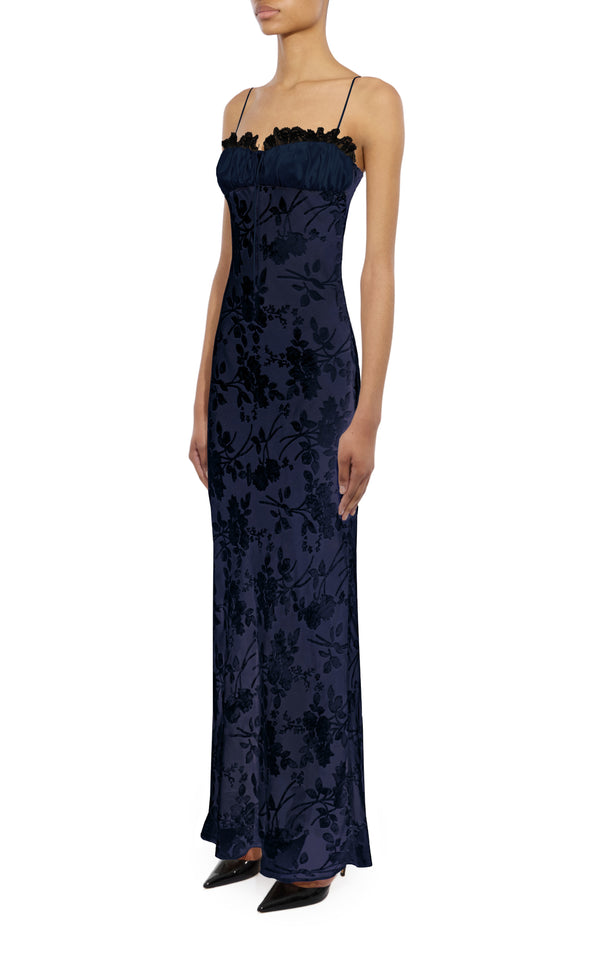 Rodarte Navy Velvet Devoré And Lace Slip Gown With Silk Charmeuse Detail