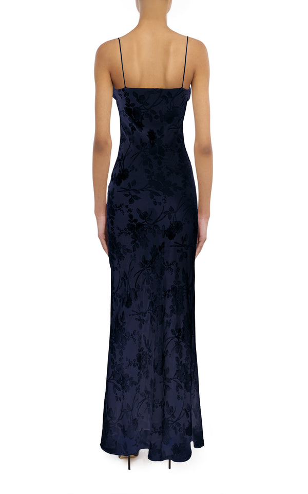 Rodarte Navy Velvet Devoré And Lace Slip Gown With Silk Charmeuse Detail