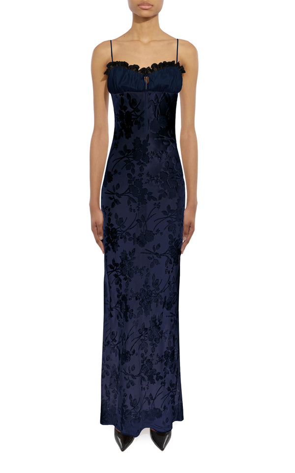 rodarte Navy Velvet Devoré and Lace Slip Gown With Silk Charmeuse Detail