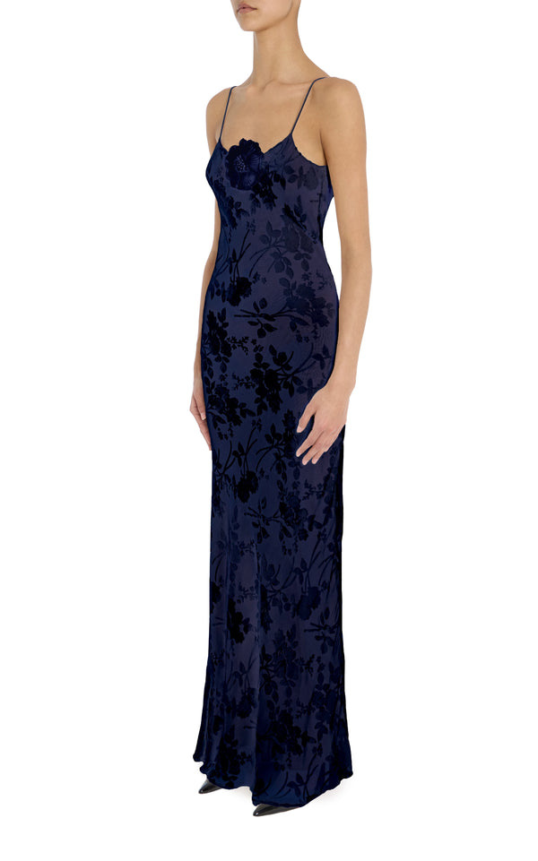 Rodarte Navy Velvet Devoré Slip Gown With Silk Flower Pin