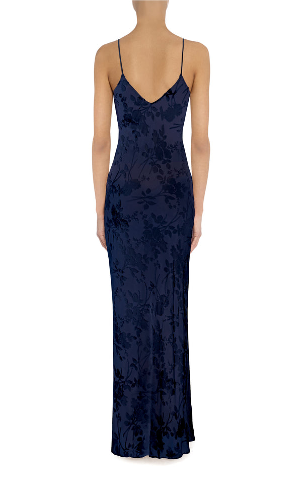 Rodarte Navy Velvet Devoré Slip Gown With Silk Flower Pin