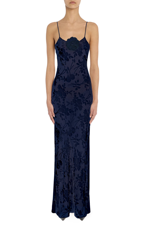 rodarte Navy Velvet Devoré Slip Gown With Silk Flower Pin