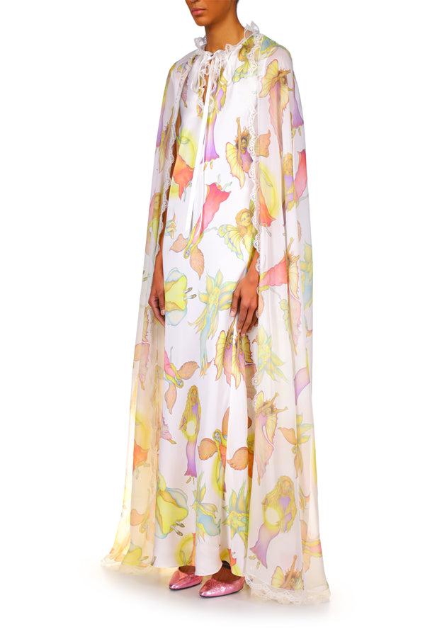 Rodarte Off White Fairy Printed Silk Chiffon And Charmeuse Cape Dress