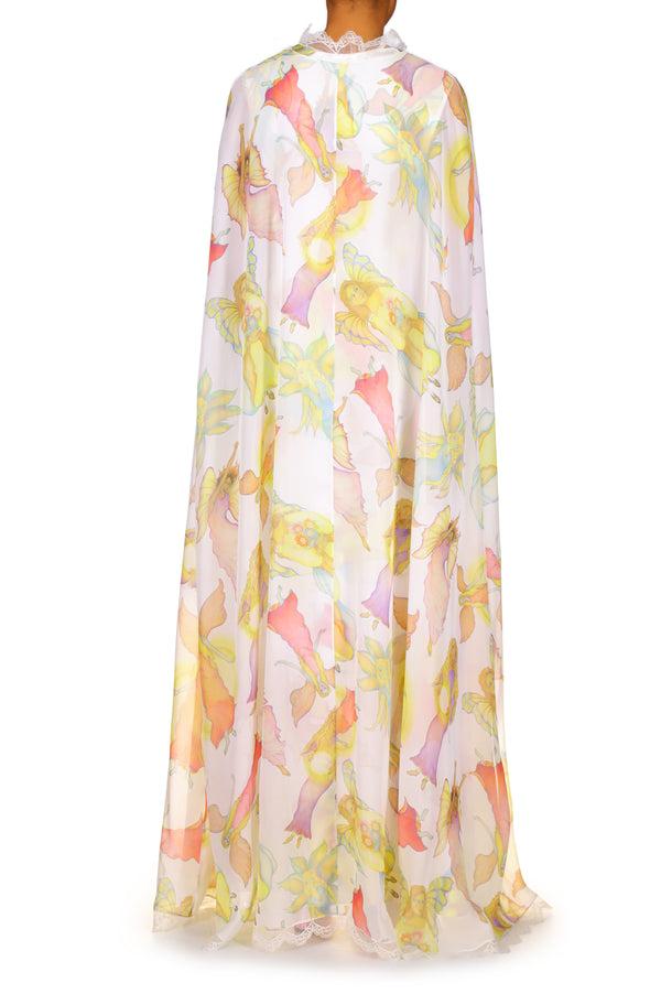 Rodarte Off White Fairy Printed Silk Chiffon And Charmeuse Cape Dress