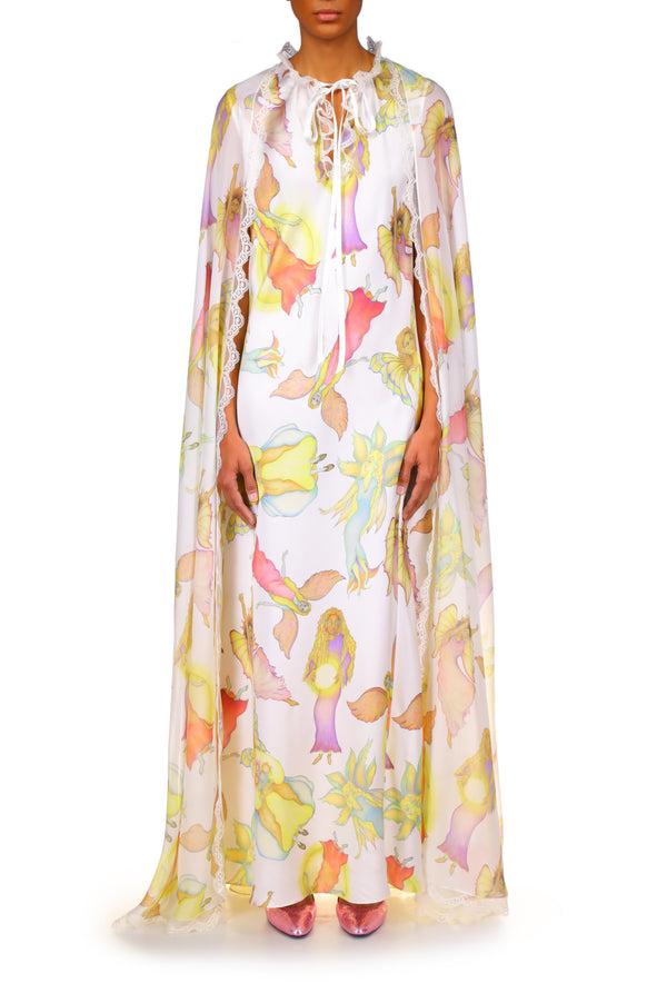 rodarte Off White Fairy Printed Silk Chiffon and Charmeuse Cape Dress