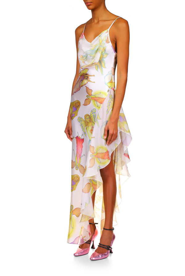 Rodarte Off White Fairy Printed Silk Chiffon And Satin Asymetrical Cowl Neck Gown