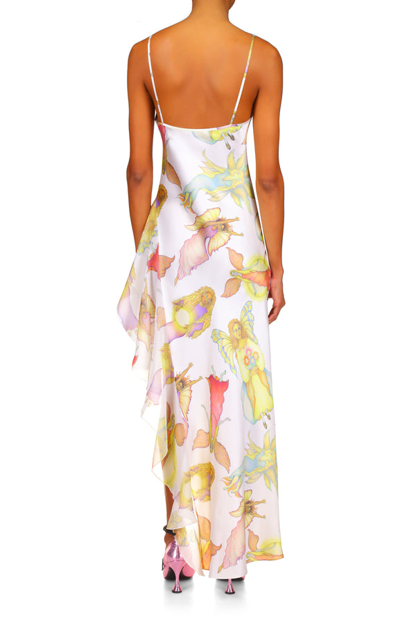 Rodarte Off White Fairy Printed Silk Chiffon And Satin Asymetrical Cowl Neck Gown