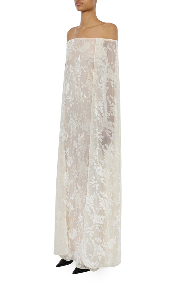 Rodarte Off White Floral Velvet Devoré Off The Shoulder Cape Gown