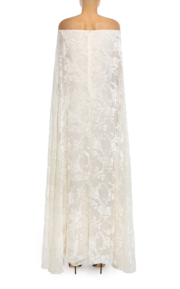 Rodarte Off White Floral Velvet Devoré Off The Shoulder Cape Gown